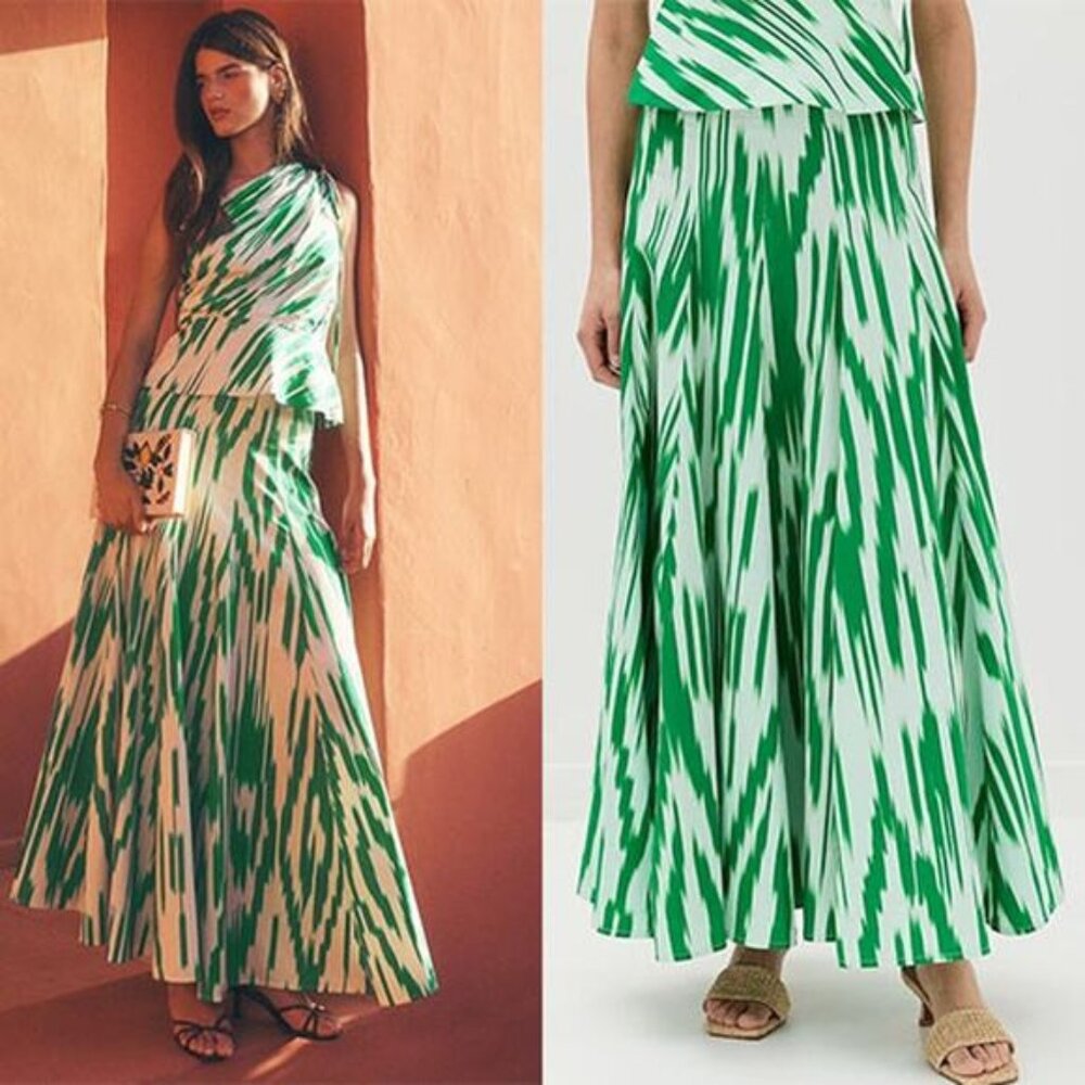 NEW Figue Hayden Lightweight Poplin Ikat Print Maxi Skirt Green Size: 4
